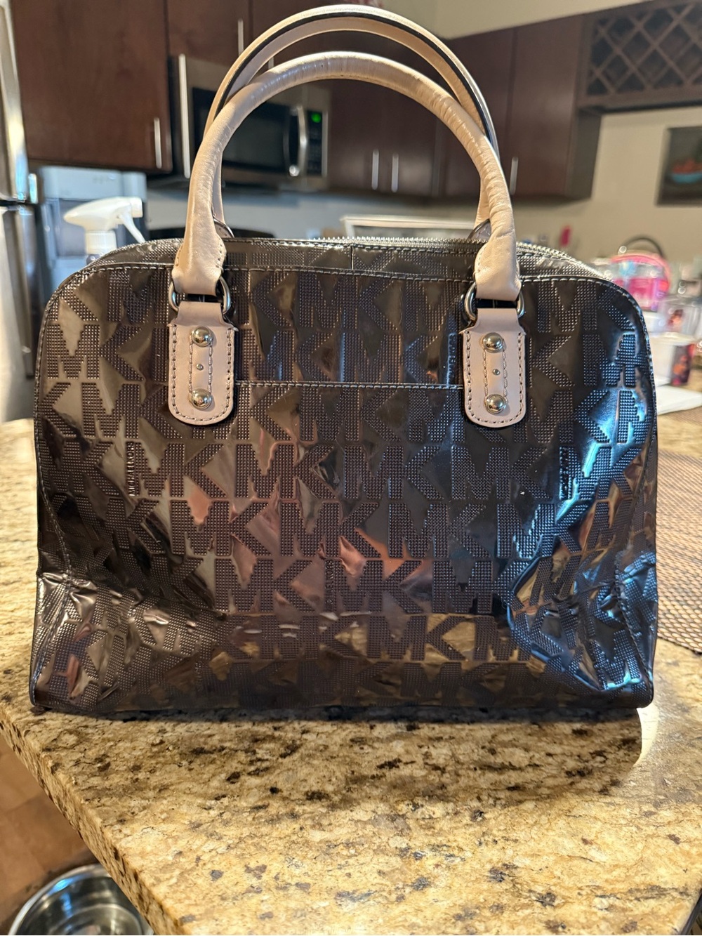 Michael Kors Brown Black MK Logo Dome Satchel